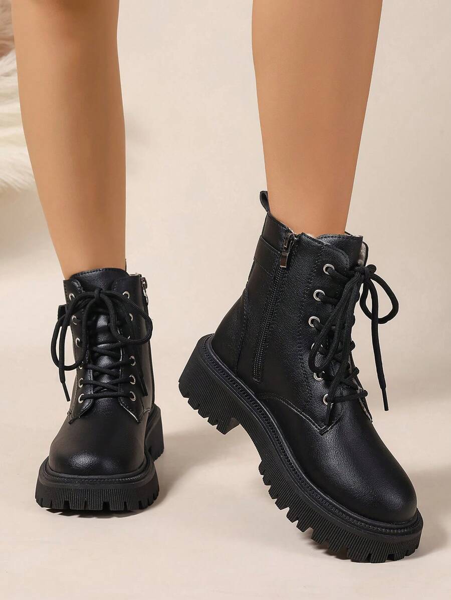 2026 Spring/Autumn/Winter New Women's Shoes, Winter Warm Women's Boots, Fashion Versatile Casual Women's Shoes, Black/White Ankle Boots With Lace-Up And Side Zipper, Flat Women's Boots, Women's Ankle Boots And Ankle Boots, Women's Fashion Boots, College S Mensa