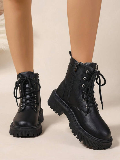2026 Spring/Autumn/Winter New Women's Shoes, Winter Warm Women's Boots, Fashion Versatile Casual Women's Shoes, Black/White Ankle Boots With Lace-Up And Side Zipper, Flat Women's Boots, Women's Ankle Boots And Ankle Boots, Women's Fashion Boots, College S Mensa