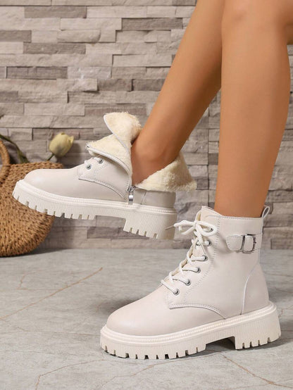2026 Spring/Autumn/Winter New Women's Shoes, Winter Warm Women's Boots, Fashion Versatile Casual Women's Shoes, Black/White Ankle Boots With Lace-Up And Side Zipper, Flat Women's Boots, Women's Ankle Boots And Ankle Boots, Women's Fashion Boots, College S Mensa