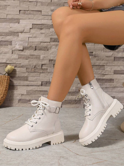 2026 Spring/Autumn/Winter New Women's Shoes, Winter Warm Women's Boots, Fashion Versatile Casual Women's Shoes, Black/White Ankle Boots With Lace-Up And Side Zipper, Flat Women's Boots, Women's Ankle Boots And Ankle Boots, Women's Fashion Boots, College S Mensa
