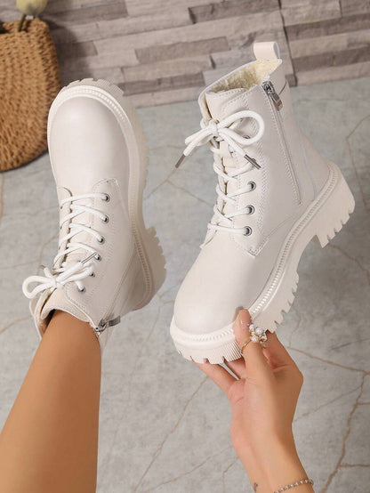 2026 Spring/Autumn/Winter New Women's Shoes, Winter Warm Women's Boots, Fashion Versatile Casual Women's Shoes, Black/White Ankle Boots With Lace-Up And Side Zipper, Flat Women's Boots, Women's Ankle Boots And Ankle Boots, Women's Fashion Boots, College S Mensa