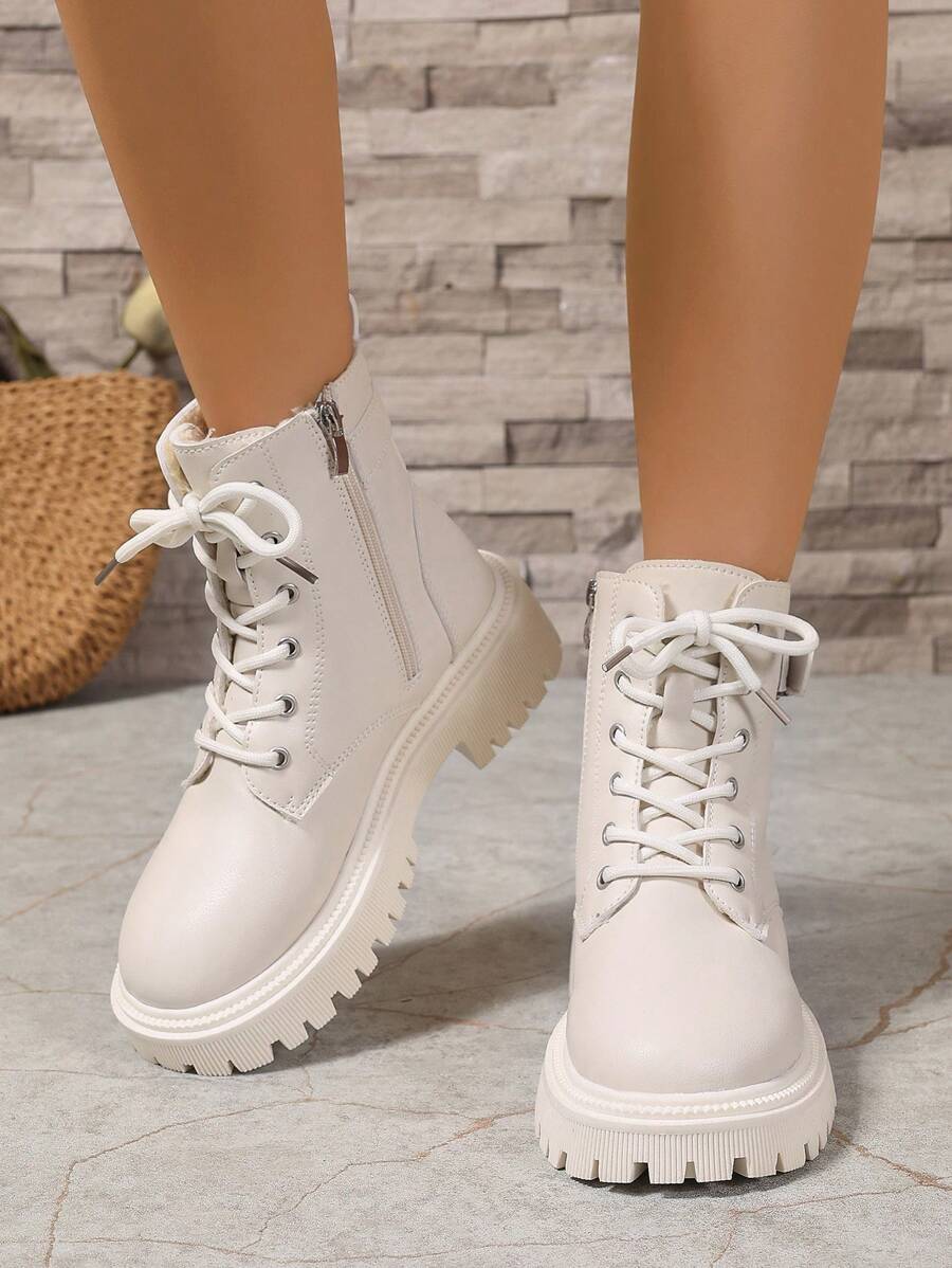 2026 Spring/Autumn/Winter New Women's Shoes, Winter Warm Women's Boots, Fashion Versatile Casual Women's Shoes, Black/White Ankle Boots With Lace-Up And Side Zipper, Flat Women's Boots, Women's Ankle Boots And Ankle Boots, Women's Fashion Boots, College S Mensa