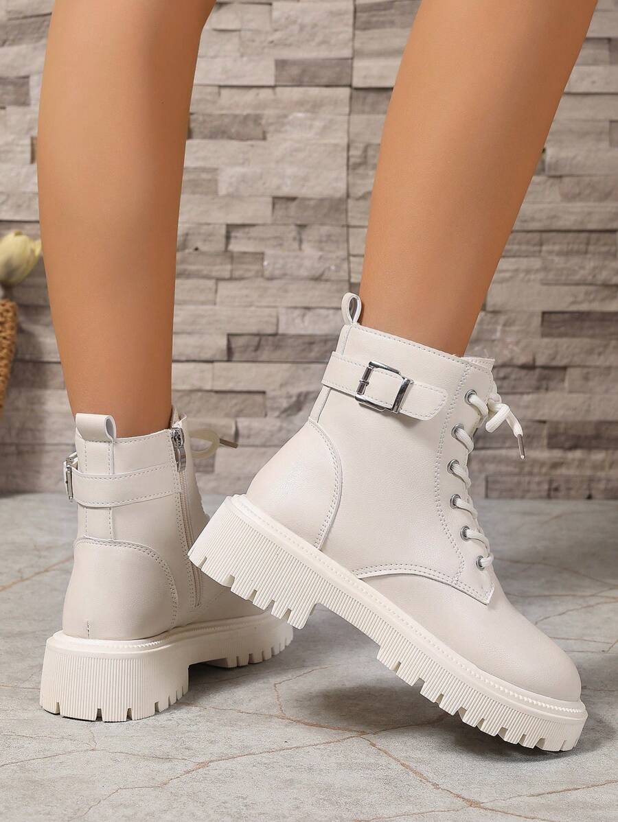 2026 Spring/Autumn/Winter New Women's Shoes, Winter Warm Women's Boots, Fashion Versatile Casual Women's Shoes, Black/White Ankle Boots With Lace-Up And Side Zipper, Flat Women's Boots, Women's Ankle Boots And Ankle Boots, Women's Fashion Boots, College S Mensa