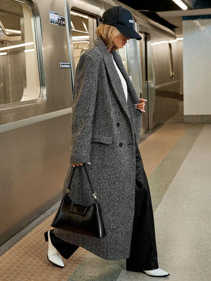 Delfina Double Breasted Herringbone Long Coat with Lapels - Grey