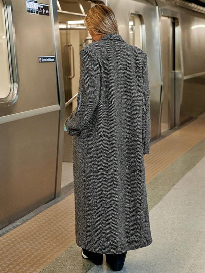 Delfina Double Breasted Herringbone Long Coat with Lapels - Grey