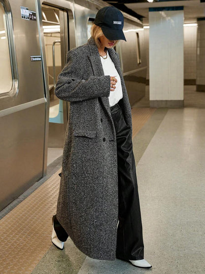Delfina Double Breasted Herringbone Long Coat with Lapels - Grey