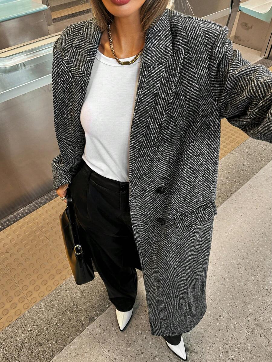 Delfina Double Breasted Herringbone Long Coat with Lapels - Grey