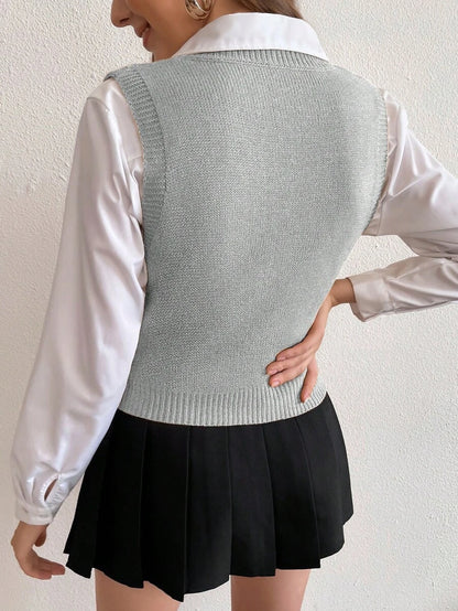 Winifred Classic Cable Knit V-Neck Sleeveless Sweater Vest - Sage Grey
