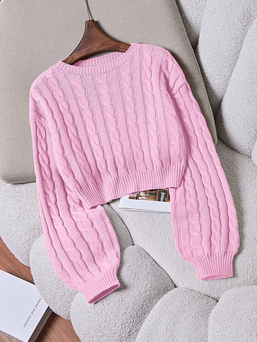 Oriana Cropped Cable Knit Sweater with Crew Neck - Baby Pink