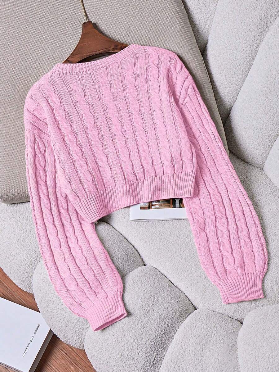 Oriana Cropped Cable Knit Sweater with Crew Neck - Baby Pink