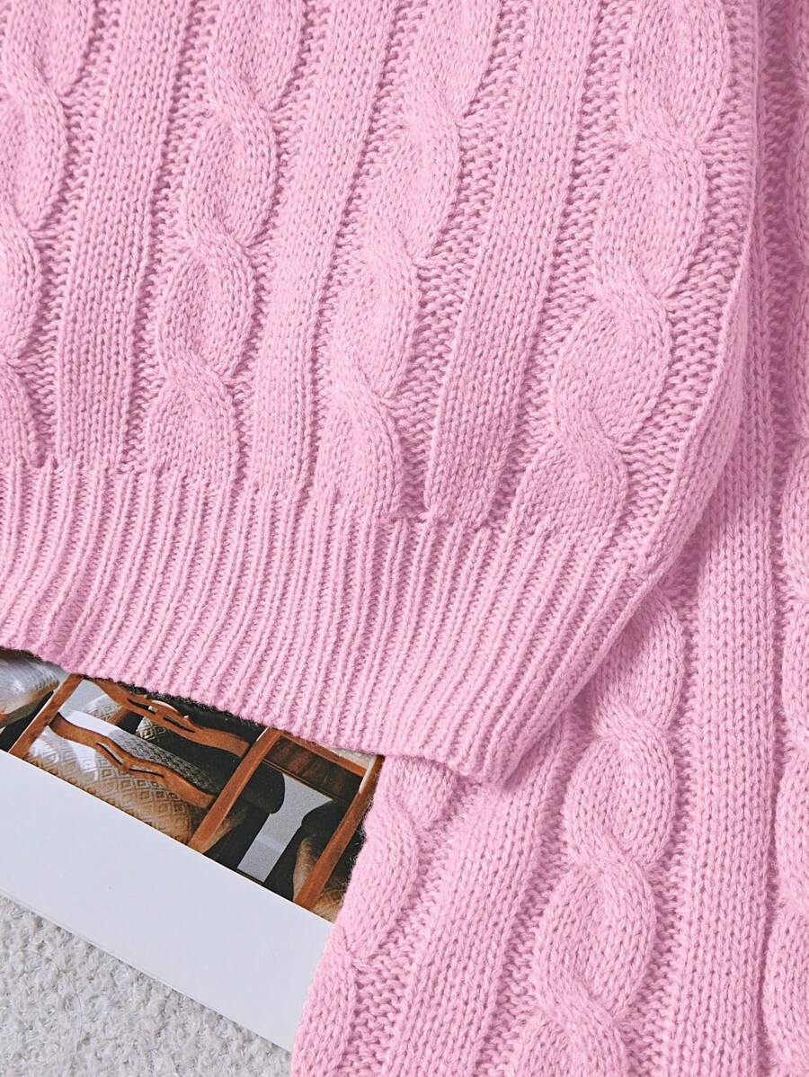Oriana Cropped Cable Knit Sweater with Crew Neck - Baby Pink