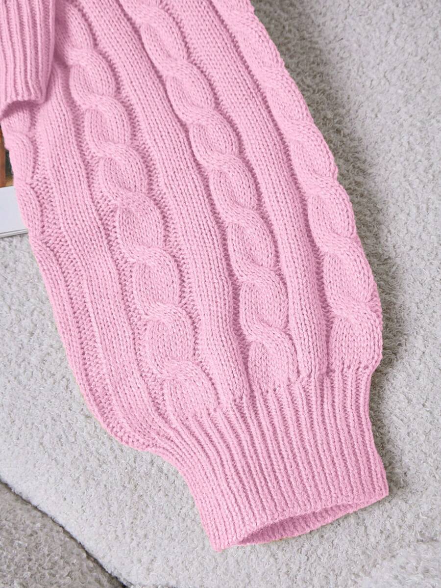 Oriana Cropped Cable Knit Sweater with Crew Neck - Baby Pink