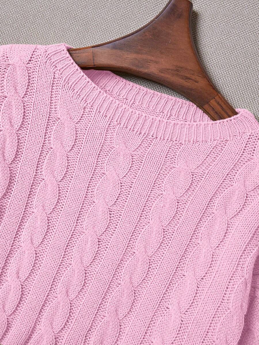 Oriana Cropped Cable Knit Sweater with Crew Neck - Baby Pink