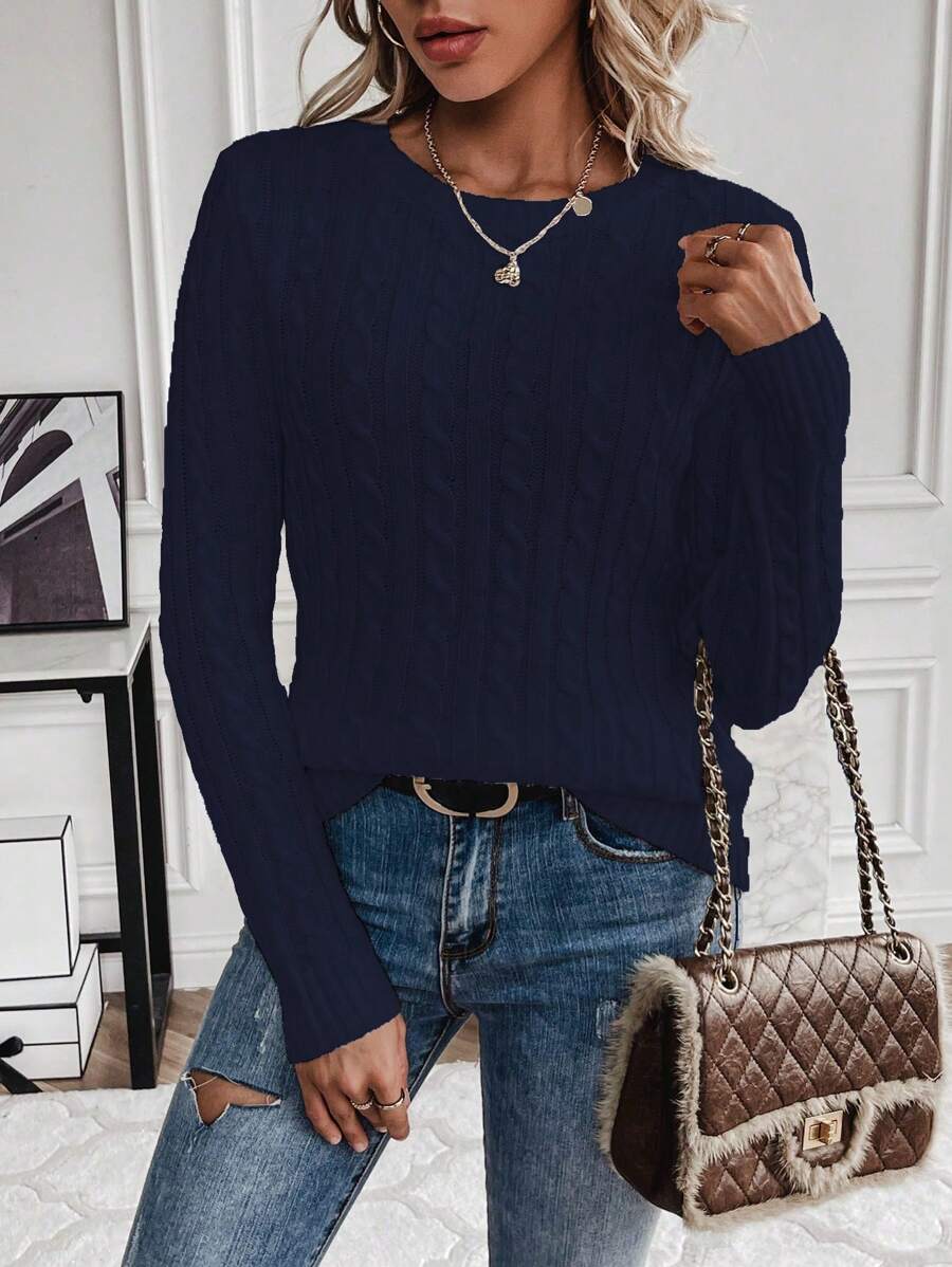 Livia Twist Cable Knit Crew Neck Sweater Fitted Pullover - Navy