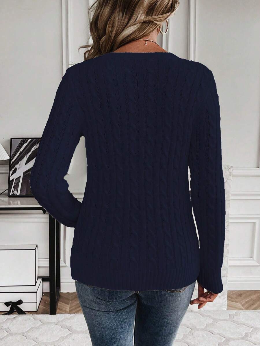 Livia Twist Cable Knit Crew Neck Sweater Fitted Pullover - Navy