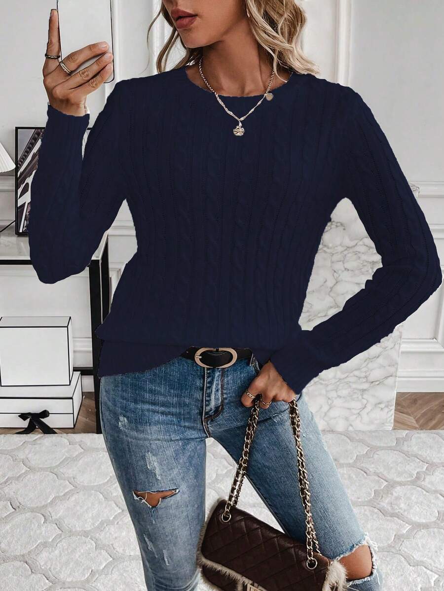 Livia Twist Cable Knit Crew Neck Sweater Fitted Pullover - Navy
