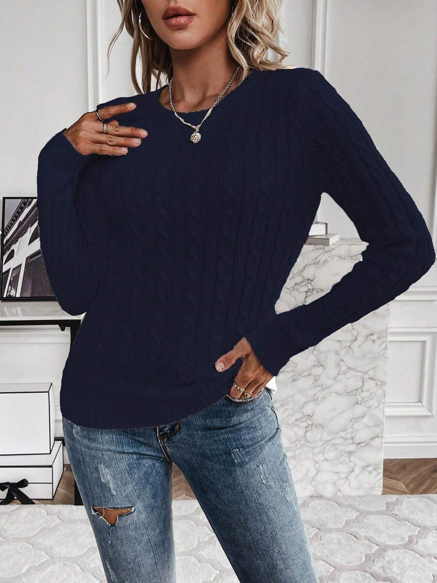 Livia Twist Cable Knit Crew Neck Sweater Fitted Pullover - Navy