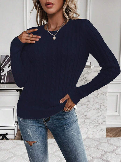 Livia Twist Cable Knit Crew Neck Sweater Fitted Pullover - Navy