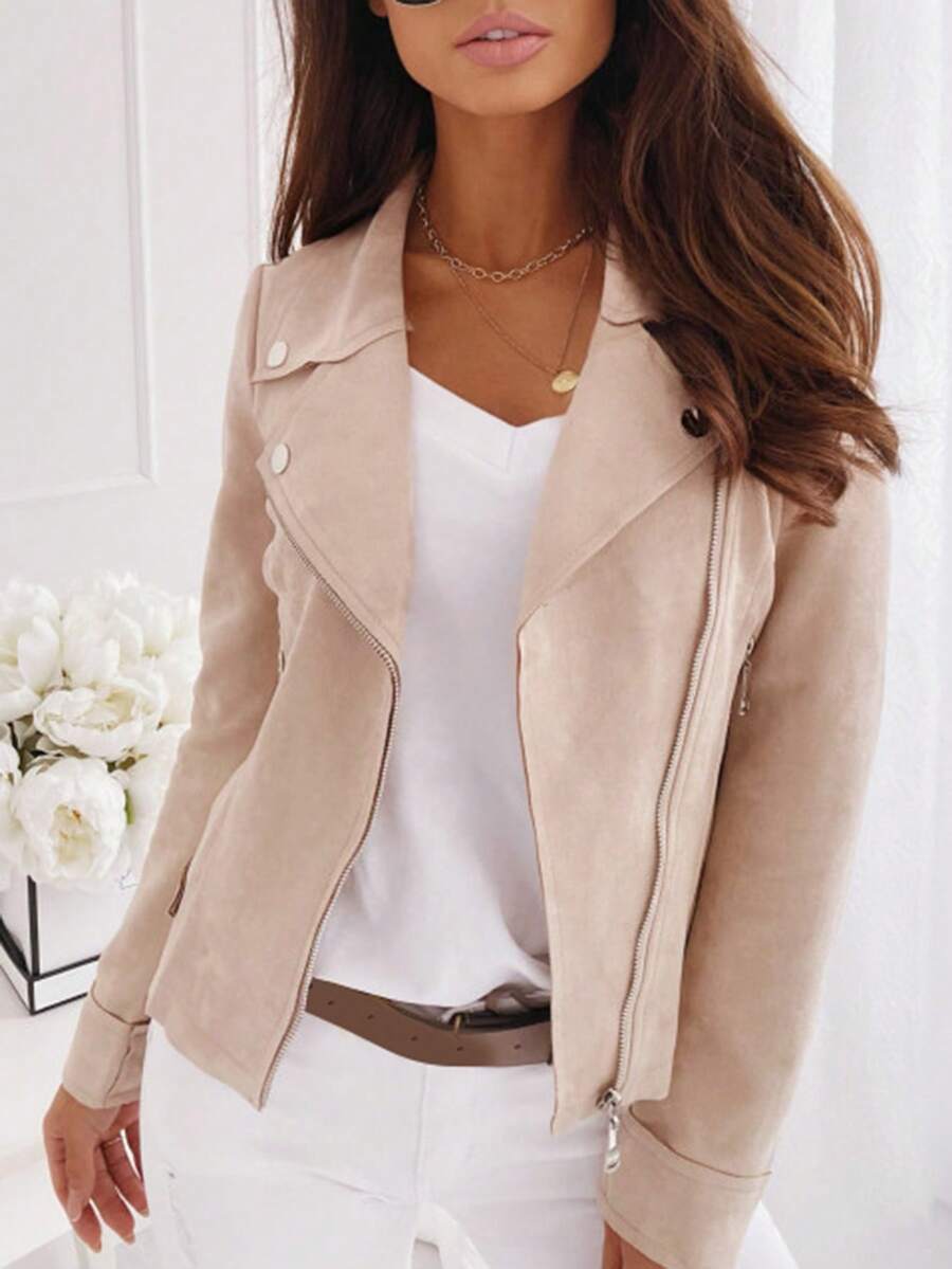 Mireille Fleece Lined Faux Suede Zip Jacket with Stand Collar - Beige