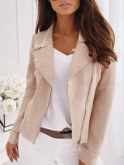 Mireille Fleece Lined Faux Suede Zip Jacket with Stand Collar - Beige