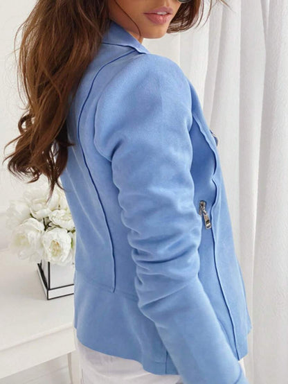 Mireille Fleece Lined Faux Suede Zip Jacket with Stand Collar - Light Blue