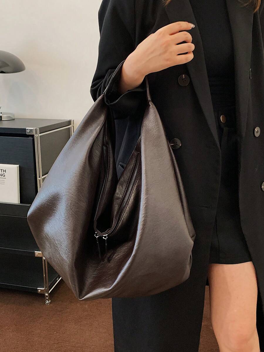 Women's Slouchy Hobo Shoulder Bag, Faux Suede Zip Top Purse for Everyday and Travel