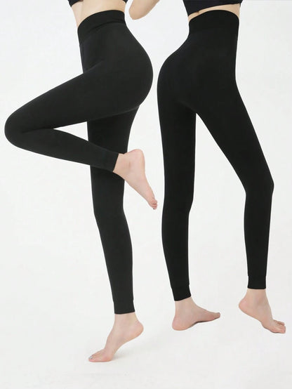 Faye Plush Fleece Lined Leggings Ankle Length Stretch Pants - Black