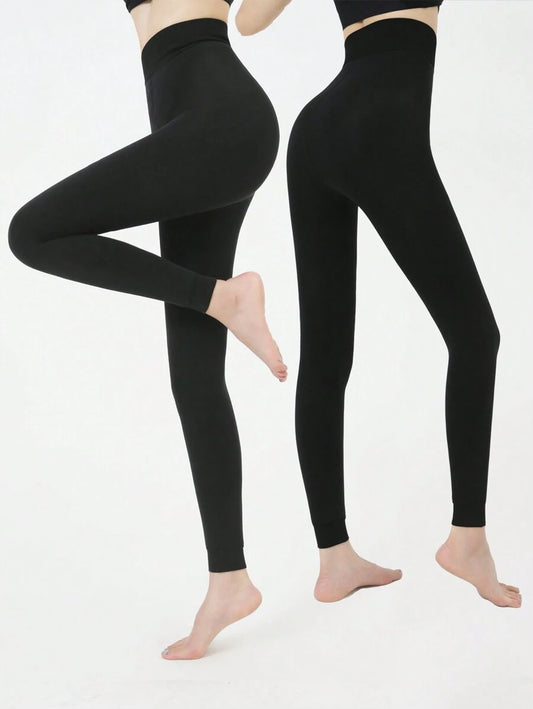 Faye Plush Fleece Lined Leggings Ankle Length Stretch Pants - Black