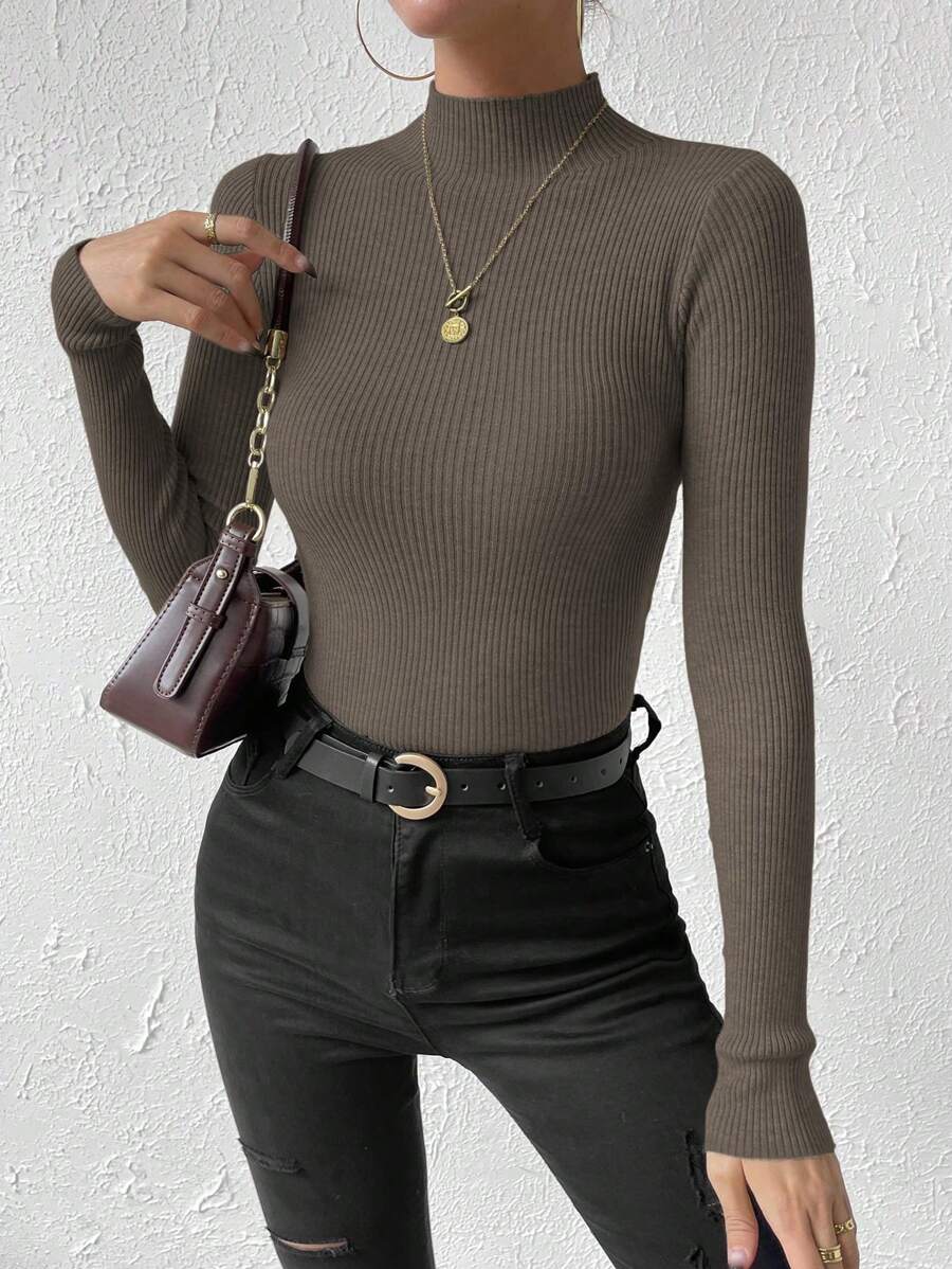Verity Slim Ribbed Mock Neck Sweater Long Sleeve Pullover - Mocha