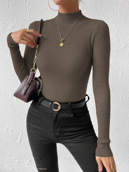 Verity Slim Ribbed Mock Neck Sweater Long Sleeve Pullover - Mocha