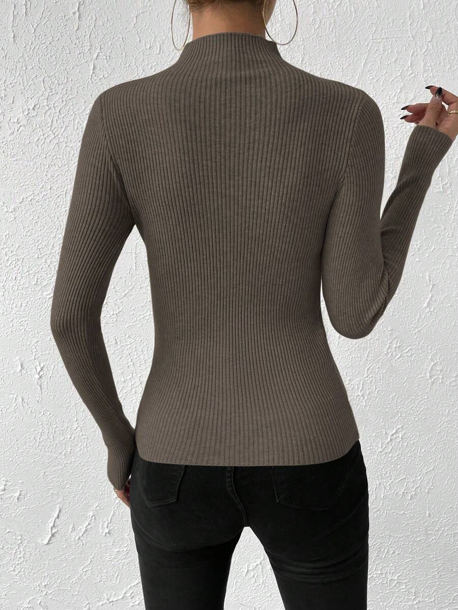 Verity Slim Ribbed Mock Neck Sweater Long Sleeve Pullover - Mocha