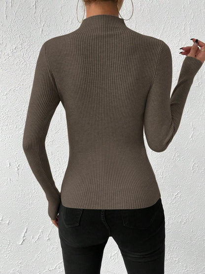 Verity Slim Ribbed Mock Neck Sweater Long Sleeve Pullover - Mocha