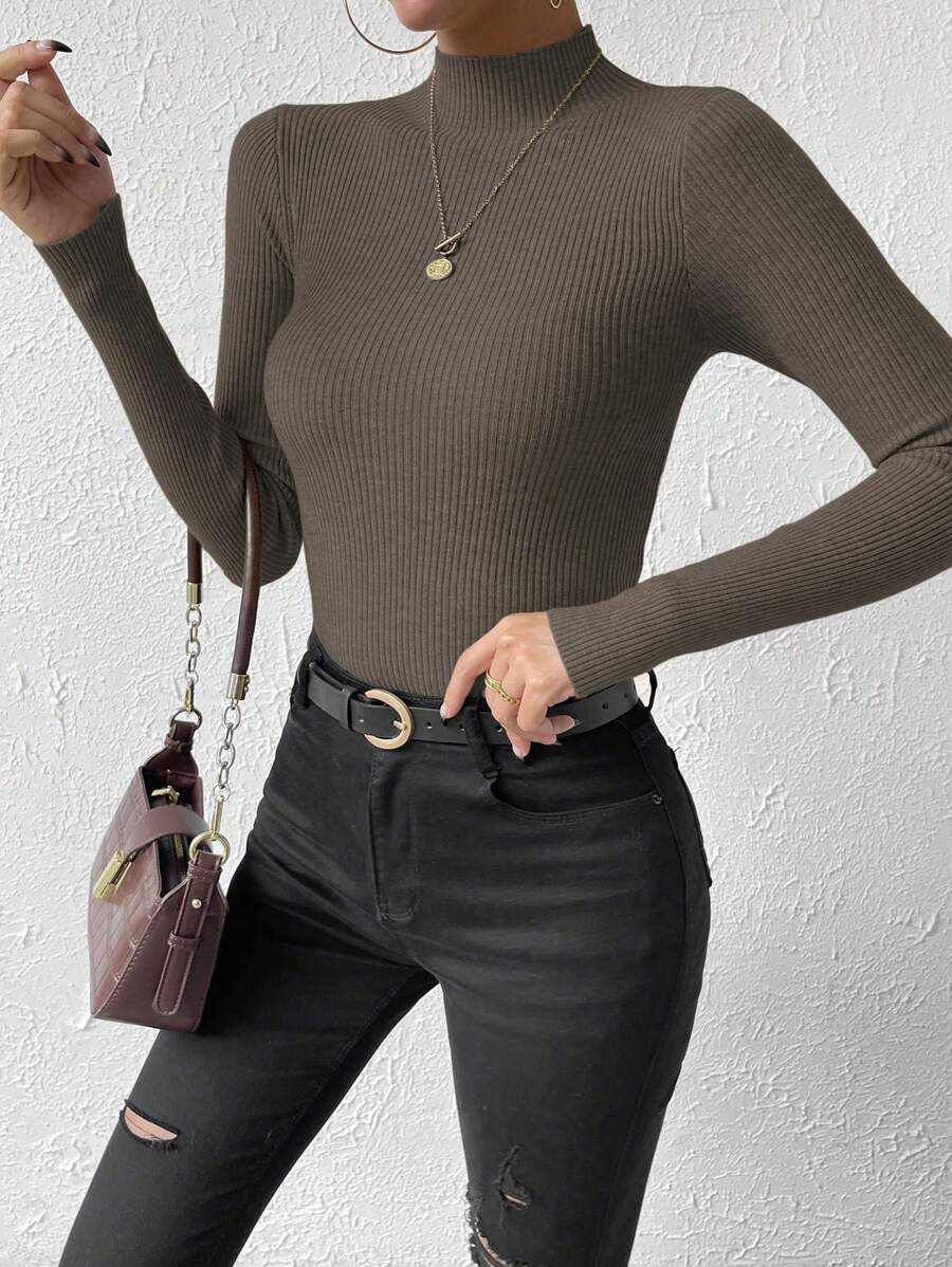 Verity Slim Ribbed Mock Neck Sweater Long Sleeve Pullover - Mocha