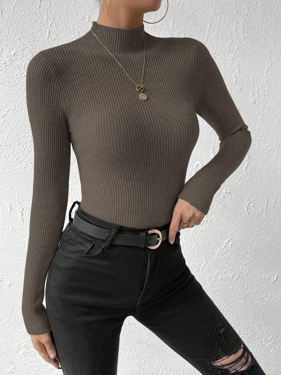 Verity Slim Ribbed Mock Neck Sweater Long Sleeve Pullover - Mocha
