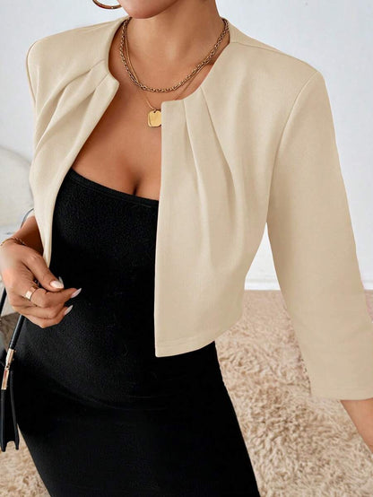 Philomena Pleated Neckline Open Front Cropped Knit Blazer - Cream