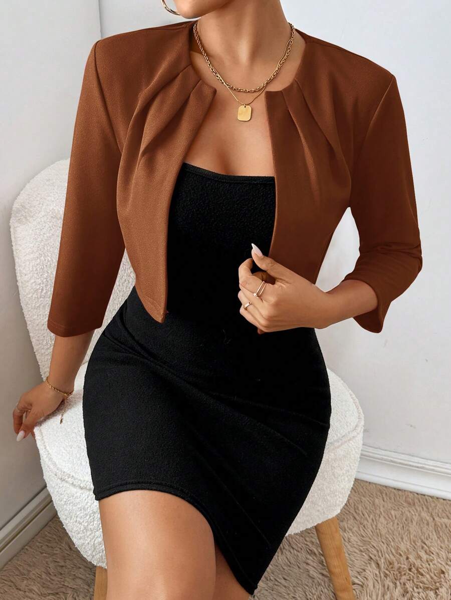 Philomena Pleated Neckline Open Front Cropped Knit Blazer - Cinnamon Brown