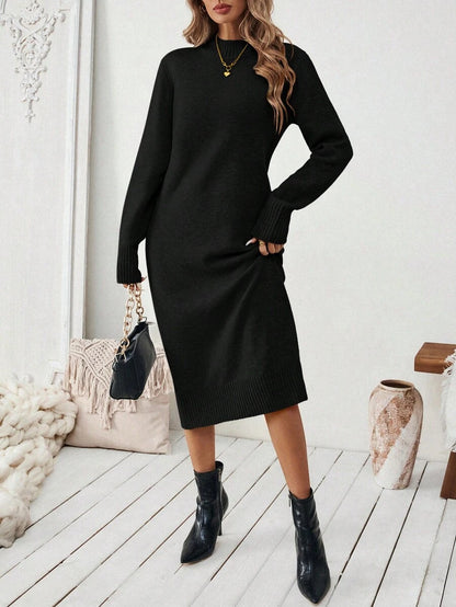 Severine Stand Collar Midi Sweater Dress with Side Split - Black