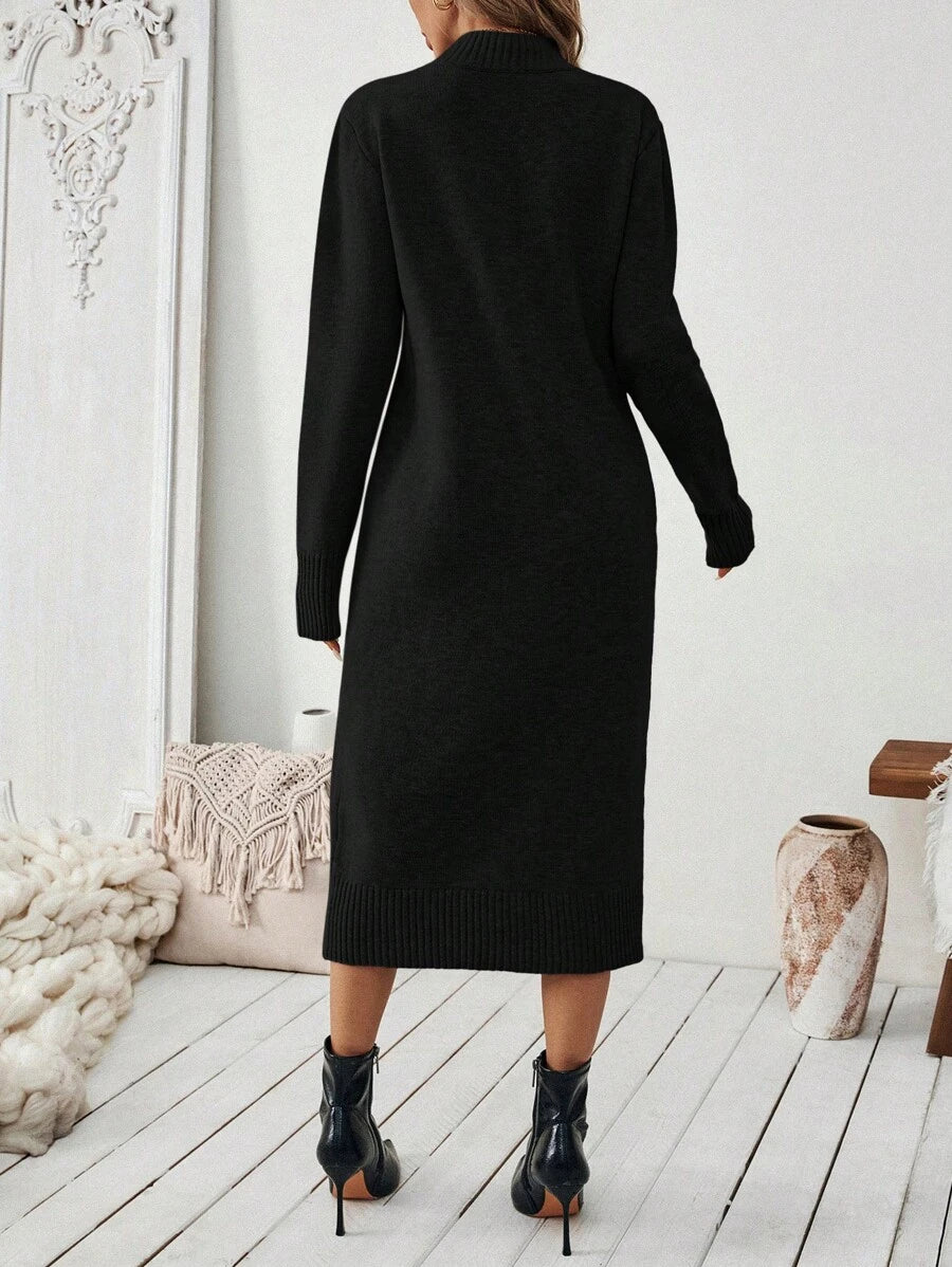 Severine Stand Collar Midi Sweater Dress with Side Split - Burgundy
