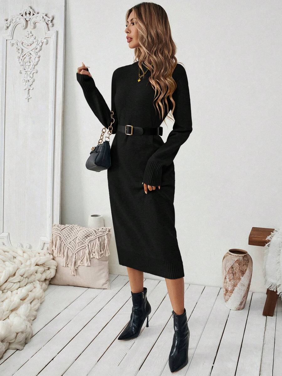 Budapest Mock Neck Raglan Sleeve Knit Midi Sweater Dress