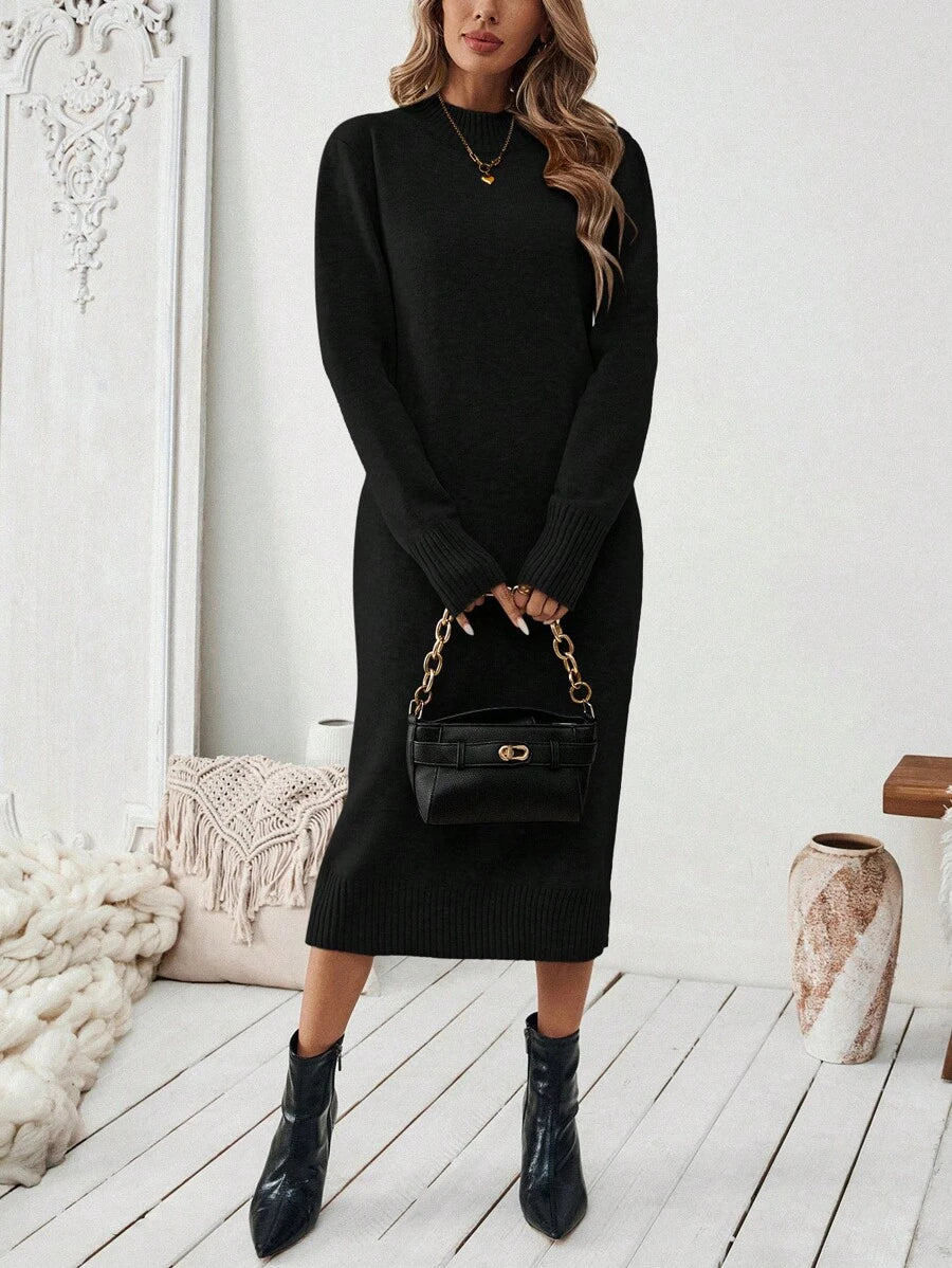 Severine Stand Collar Midi Sweater Dress with Side Split - Black