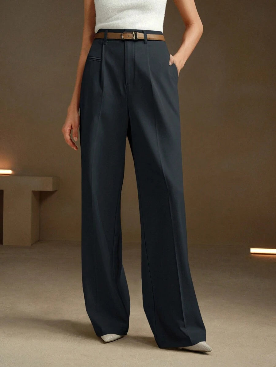Women's Belted Straight Leg Suit Trousers, Stretch Dress Pants for Work Office - Grey