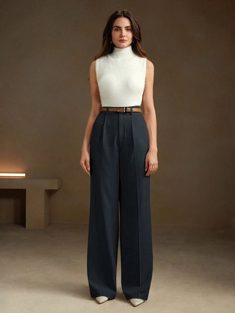 Women's Belted Straight Leg Suit Trousers, Stretch Dress Pants for Work Office - Black