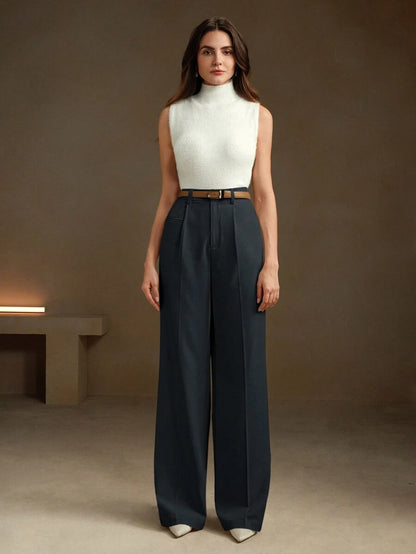Women's Belted Straight Leg Suit Trousers, Stretch Dress Pants for Work Office - Black