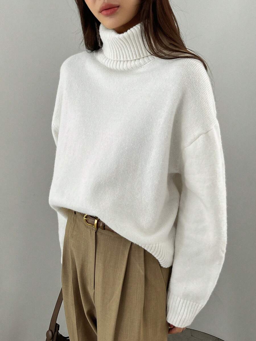 Lofoten Oversized Turtleneck Drop Shoulder Knit Sweater - White
