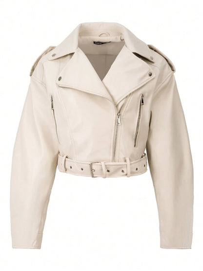 Kamloops Faux Leather Cropped Moto Jacket with Belted Hem - Beige