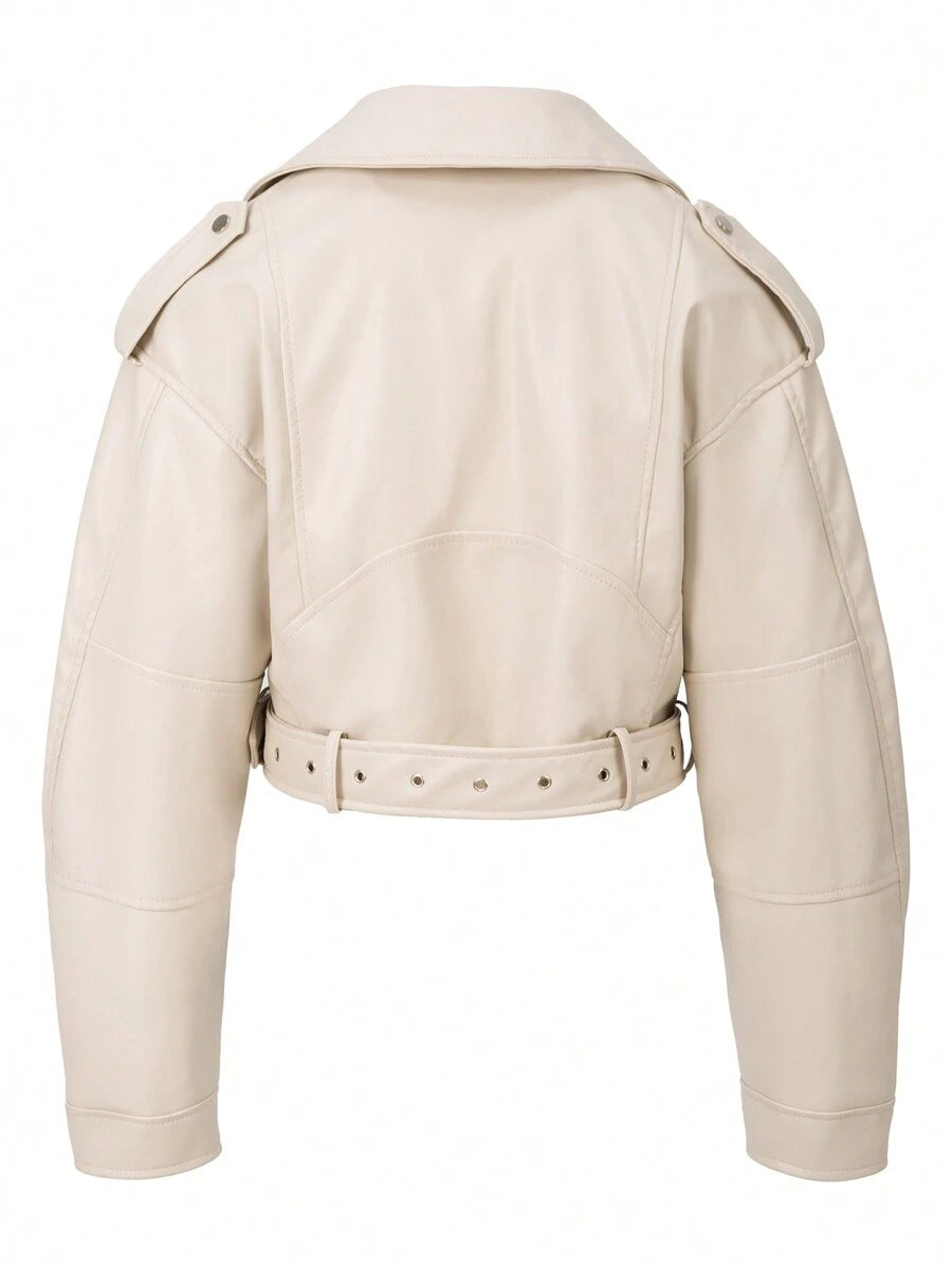 Kamloops Faux Leather Cropped Moto Jacket with Belted Hem