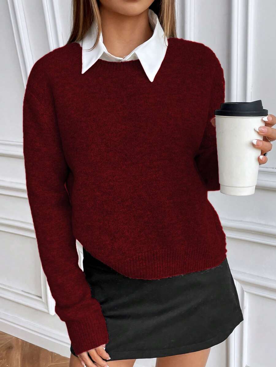 Women's Crew Neck Ribbed Knit Sweater, Fitted Pullover for Fall Winter - Burgundy