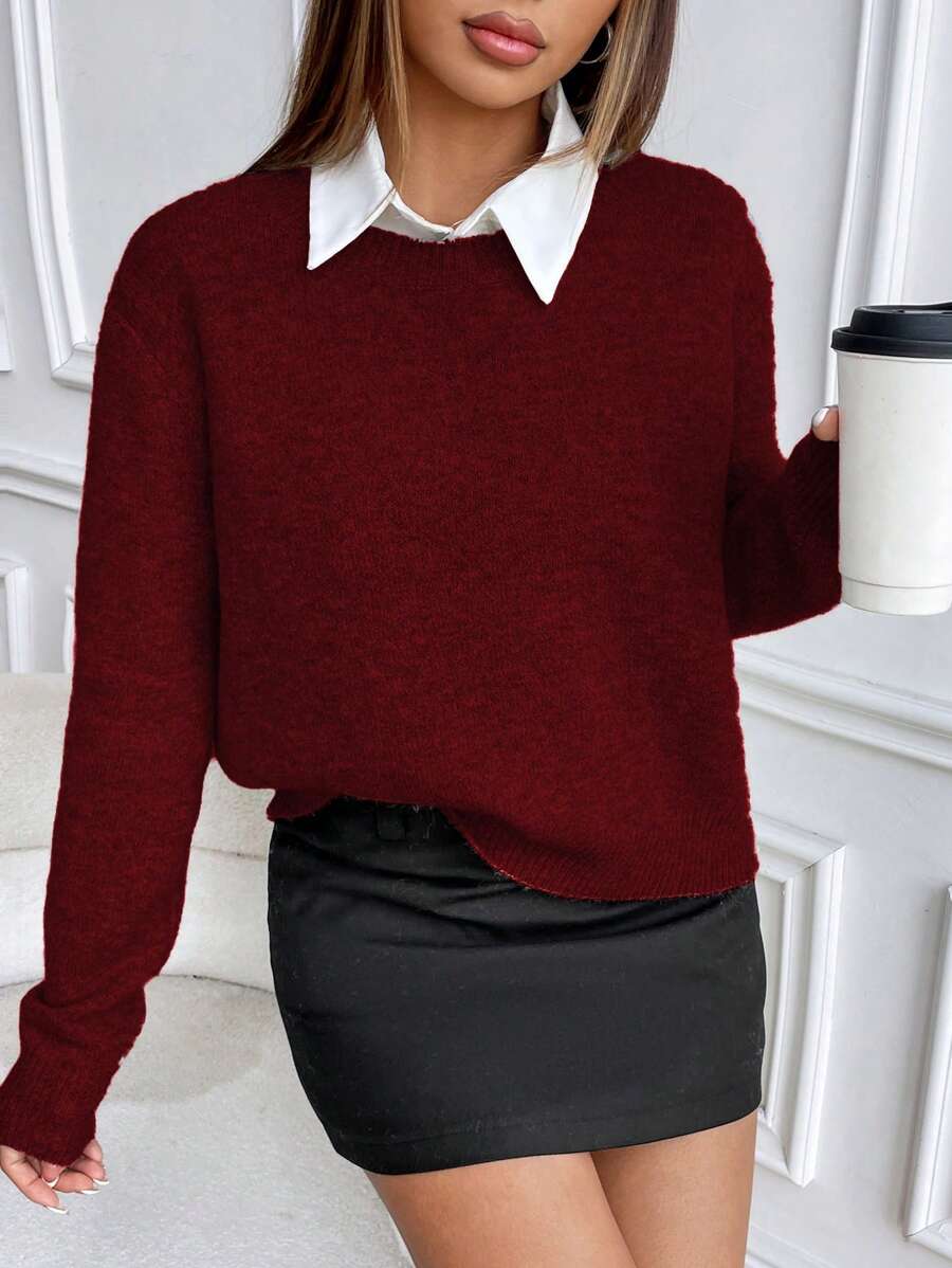 Women's Crew Neck Ribbed Knit Sweater, Fitted Pullover for Fall Winter - Light Grey