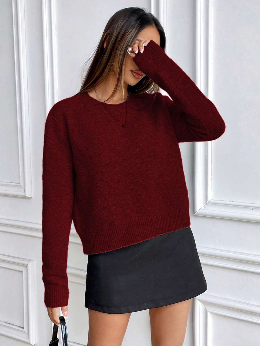 Women's Crew Neck Ribbed Knit Sweater, Fitted Pullover for Fall Winter - Dark Grey