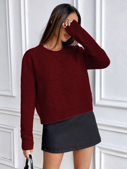 Women's Crew Neck Ribbed Knit Sweater, Fitted Pullover for Fall Winter - Dark Grey